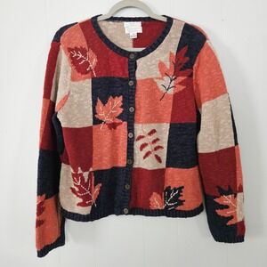 Christopher & Banks Cardigan Women Medium Hand Embroidered Leaf Patchwork Button
